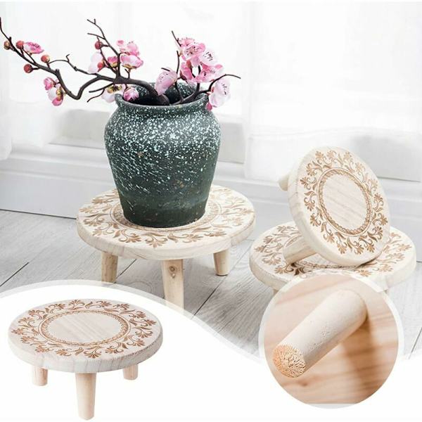 Liten rund träblomkruka stativ, minipall, displaystativ för suckulenter, bonsai, krukväxter, rustikt blomkruka stativ