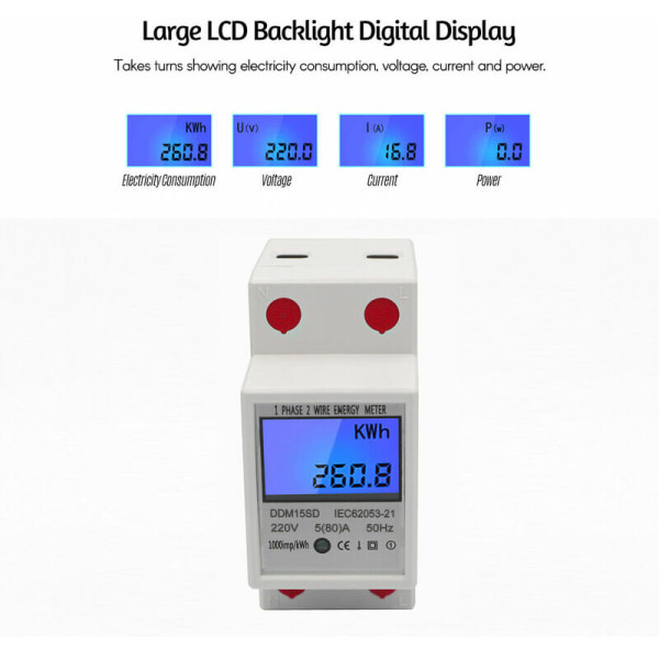 EDF Meter Enfasig DIN-skinne Energimåler 5-80A 220V 50Hz Elektronisk KWh-måler med LCD-bakgrunnsbelysning Digitalt display DDM15SD, Hvit - Hvit