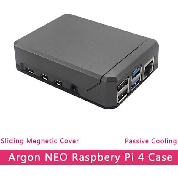 Argon NEO-hus for Raspberry Pi 4 i aluminium, metallskall, skyvemagnetdeksel, passiv kjøling, silikonvarmespreder