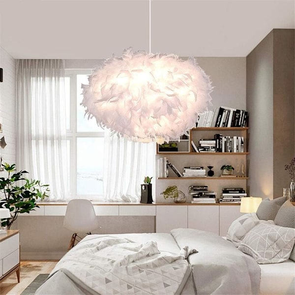Modern Ovalformad Hängande Taklampa i Vita Fjädrar, Hänglampa för Sovrum, Ø 40cm, Höjd 25cm - RWSuspension