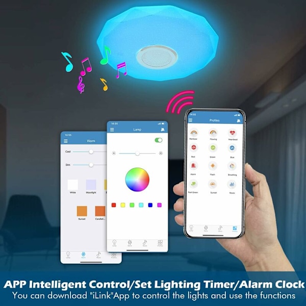 Musikstyrd Taklampa 36w 4000lm Färg LED Taklampa LED Taklampor med Bluetooth-högtalare, Fjärrkontroll och Appkontroll, IP54 Vattentät