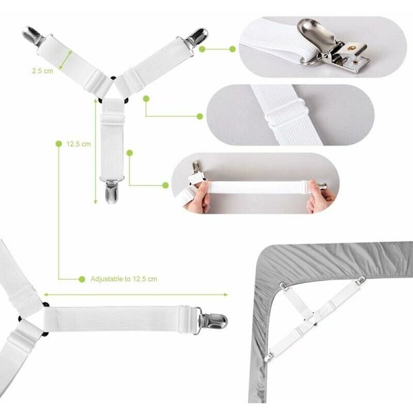Set med 4 Elastiska Triangelfästen för Spänd Lakans, Justerbara för Sängkläder, Lakans, Strykbrädeöverdrag, Madrass, Soffa