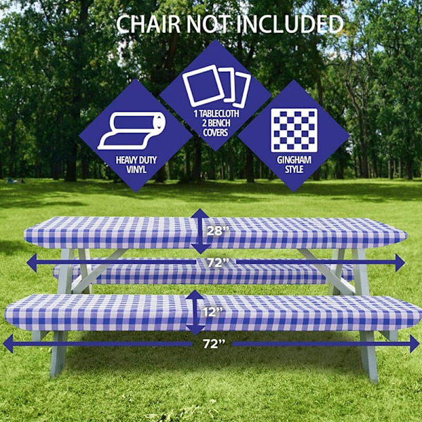 Vinyl picknickbord och bänköverdrag, rutmönster, flanellfoder, 3-delat set, blå
