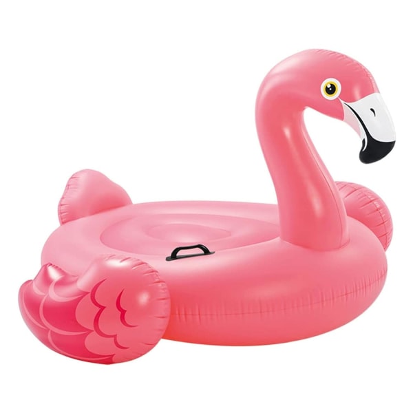 En rosa flamingo rider på en boj