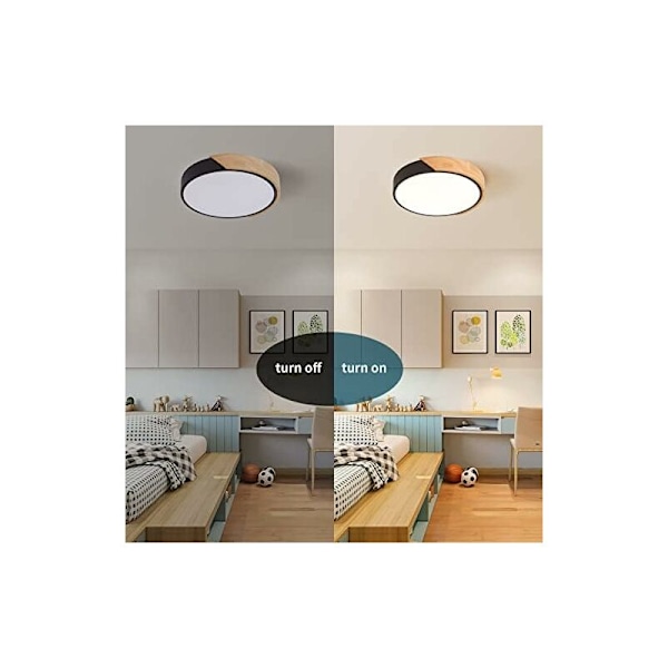 LED Taklampa, 24W Infälld Taklampa Svart Varmvit Ø30CM 2400LM 3000K Modern Ultratunn Rund Träbelysarmatur för Sovrum Vardagsrum