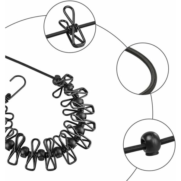 2-pak sammenleggbare kleslinjer - 180 cm med 12 klesklyper og vindtett spenne - Perfekt for ferie, reiser, camping og balkonger