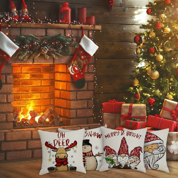 Julepuderbetræk 45x45cm, Sæt af 4 Juledekorationssofaer i Bomuld og Hør Jul til Sofa Seng Soveværelse Stol Have-Retro Jul