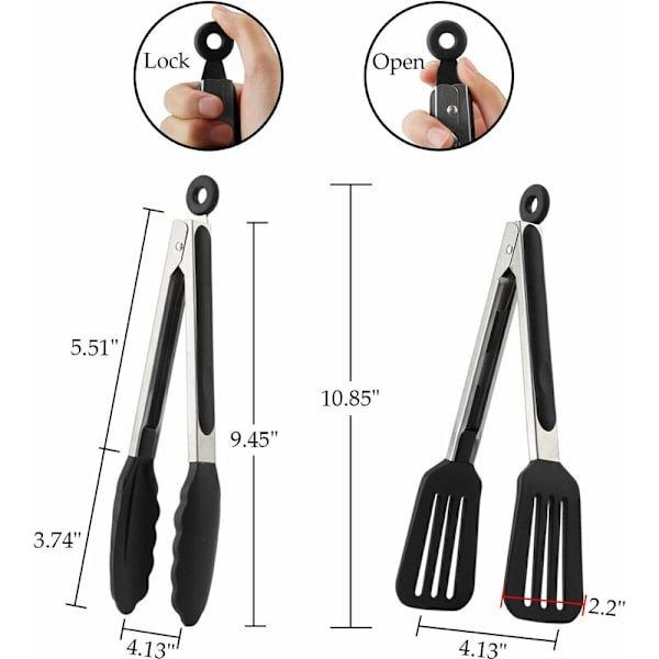Grilltangsett i rustfritt stål 22 cm Silikon kjøkken tang med sikkerhetsklips Pølse tang Serveringstang Multifunksjonell tang Grillbestikk Ikke-