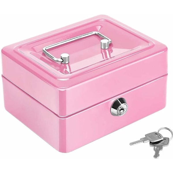 Låsbar säkerhetsbox i stål, mini portabel säkerhetsbox, mini portabel säkerhetsbox i stål, med 2 nycklar, för bulkpengar, mynt (rosa)