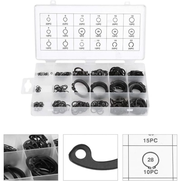 300 stk. E-Clip Snap Ring Shop Sortiment Sort Circlip Kit Ekstern holdering Sortiment 2 mm til 32 mm