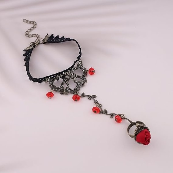 Vintage spets fingerring armband blå ros hand sele armband viktoriansk halloween armband spets kristall armband smycken för kvinnor och flickor
