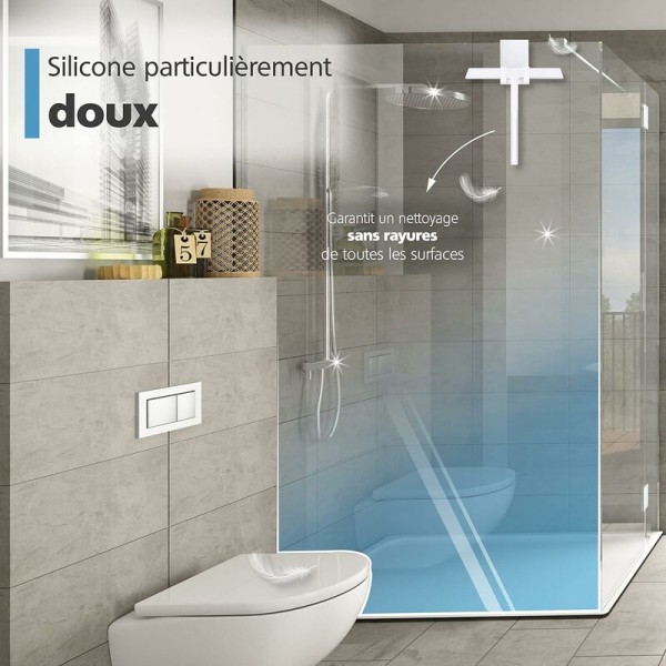 Hvid silikoneskraber til brusebad 23 cm bred - med ophæng - badeværelsesskraber fjerner ingen rester - vinduesvisker med rustfri stålkern