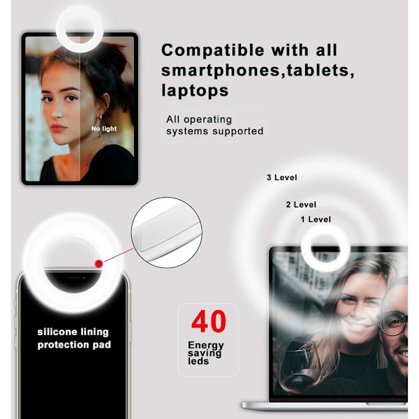 Selfie Lys, 40 LED Ringlys, Selfie Kamera Lys med 3 Justerbare Lysstyrker, USB Genopladelig Justerbar Ringlys til Alle Mobiltelefoner, Tab