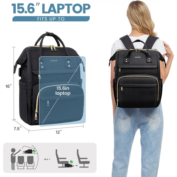 Laptopryggsäck för kvinnor - Snygg och praktisk svart väska med bekväma vadderade remmar för arbete, resor och vardagsbruk