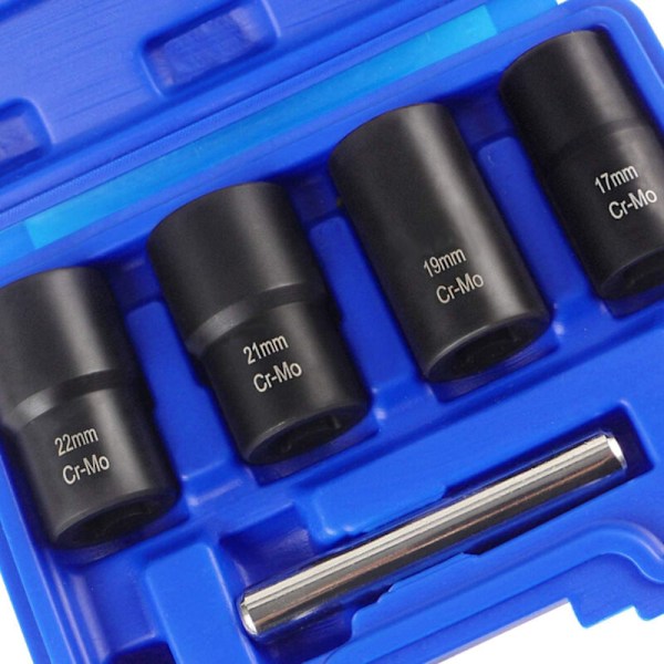 5 osan ruuvinpoistajasarja vaurioituneiden, pyöristettyjen ja ruostuneiden pulttien poistamiseen 17 mm, 19 mm, 21 mm ja 22 mm