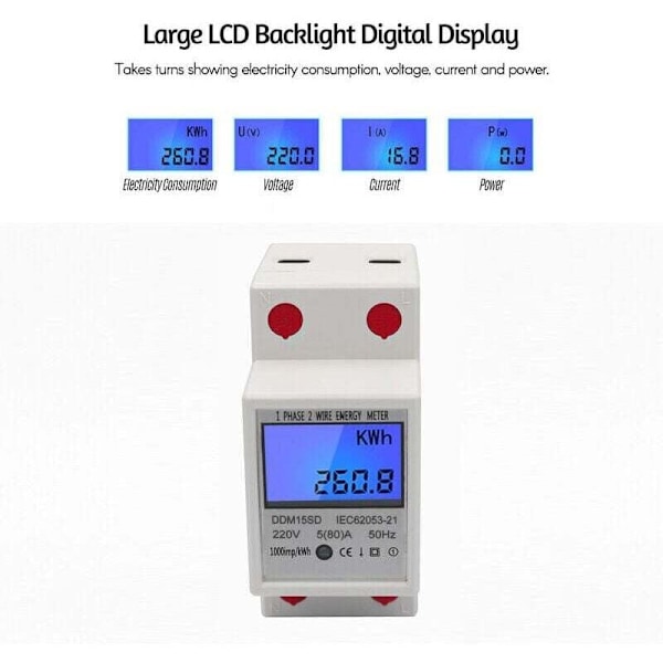 EDF Måler Enfase DIN Skinne Energimåler 5-80A 220V 50Hz Elektronisk KWh Måler med LCD Baggrundsbelysning Digital Display DDM15SD, Hvid - Hvid