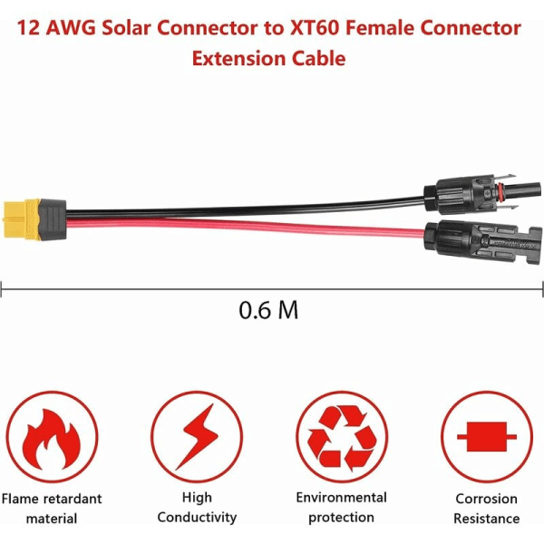 12AWG solcellepanelkabel til XT60 hunn for bærbar kraftstasjon, bærbar kraftstasjon, Lipo-batteri 60 cm