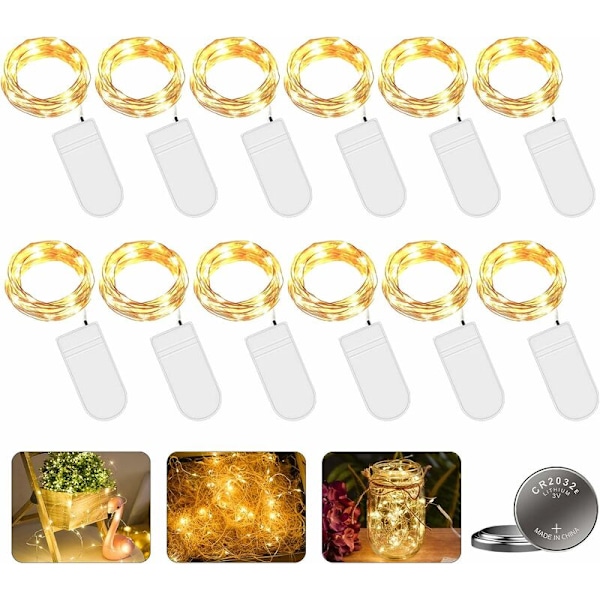 LED-girlang med batteri, 12 st 2m 20LED Mikro Girlang Ljus Koppartråd med Batteridrivna Ljus för Rum, Inredning, Jul, Utomhus, Fest, Bröllop