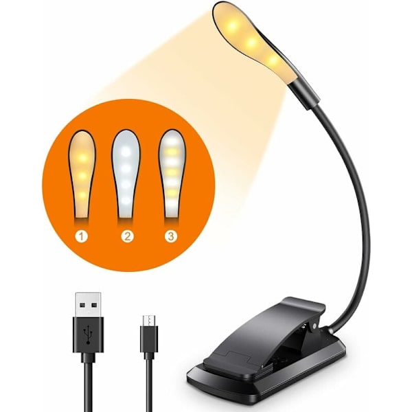 Lukuvalaisin, 7 LED USB-ladattava klipsi-kirjavalaisin 9 valaistustilalla (3 väriä: lämmin, kylmä ja luonnollinen), 360° joustava kaulan lukulampun valaisin