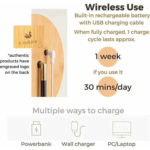 LED-upplyst sminkspiegel med 3 färgade lampor, sladdlös USB-uppladdningsbart batteri, 360° rotation, förvaringsbricka i bambuträ, bordsstativ, rund form