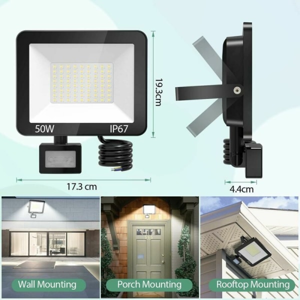Utsalg 50W Utendørs LED Flomlys med Bevegelsessensor, IP67 Vanntett LED Spotlight med Sensor, 5000LM 7000K Kald Hvit Utendørsbelysning, O