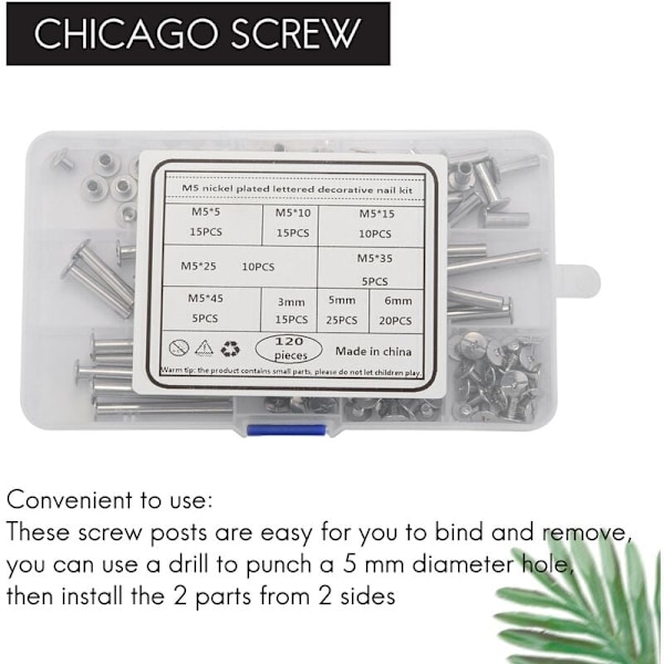 Chicago skruvar fixeringsskruvstolpar sortiment för DIY läderhantverk bokbindning (120 st, M5)