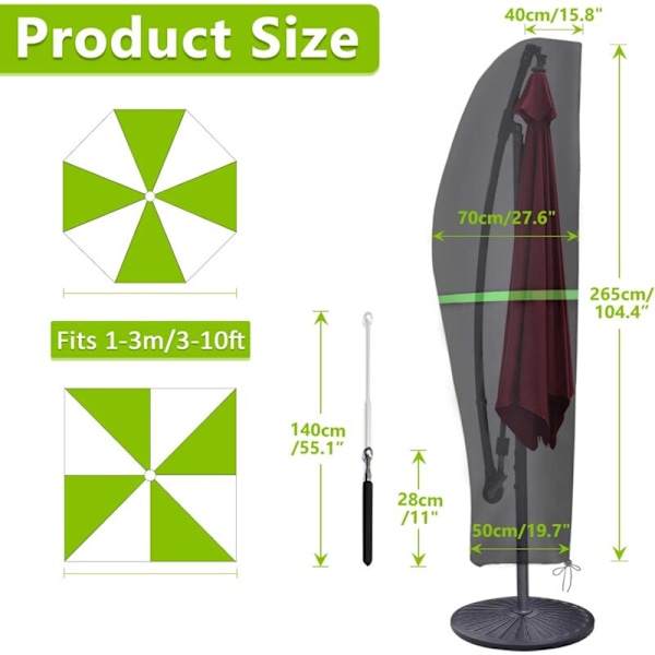 Offset-varjon suojus, vedenpitävä, tuulenkestävä, UV-suojattu, kestävä 210D Oxford-kangas suojapäällyste varjolle teleskooppivarrella (265x40/70/50cm)-