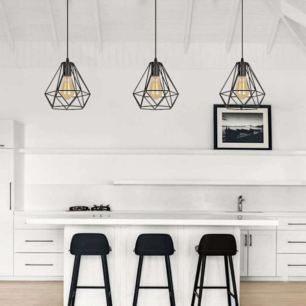 Lampehette for E27 Hengelampe, Metall Hengelampe, Taklampe for Spisestue, Bar, Soverom, Uten Pære, Svart