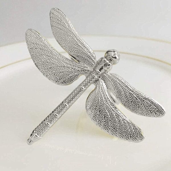 Sølv Serviettringer Sett med 8 for Bryllup Ferie, Dragonfly Metall Serviettholder for Bordlin, Middag Anledning