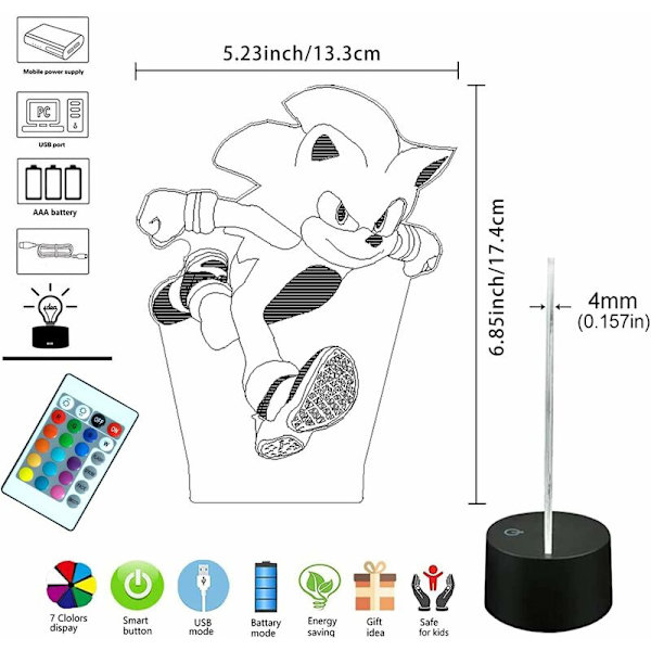 Sonic Hedgehog Lampe 3D Illusionsnattslys - 16 Fargevariasjoner/1 Fjernkontroll/1 Svart Base/-Romdekorativ Kreativ Anime Actionfigurgaver For Barn