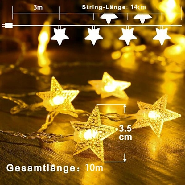 Julelys, 10m LED Stjernelys Gardin 70 LED Stjernelys Kjeder med 8 Moders Fjernkontroll IP44 Vanntett - Varmt Hvit