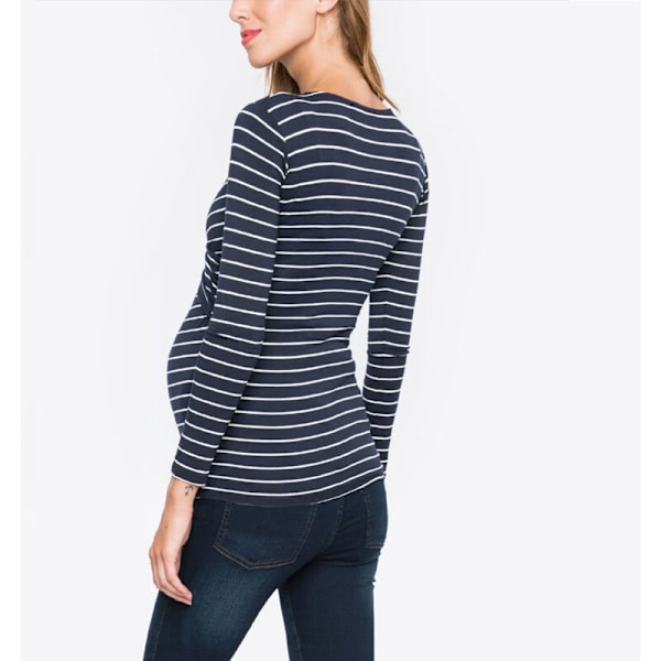 Kvinde Maternity Amning Toppe Langærmet Toppe Casual Stribet Bluse Toppe Skjorte til Gravide Navy Blue L