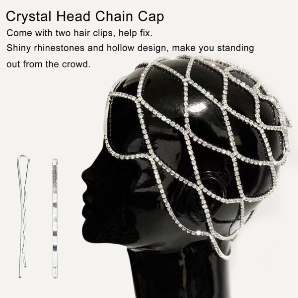 Rhinestones Mesh Headpiece Cap med 2 clips, 20-tal Bling Crystal Flapper Head Chain, Silver Beaded Cap HeadPiece Bröllopsfest Håraccessoarer