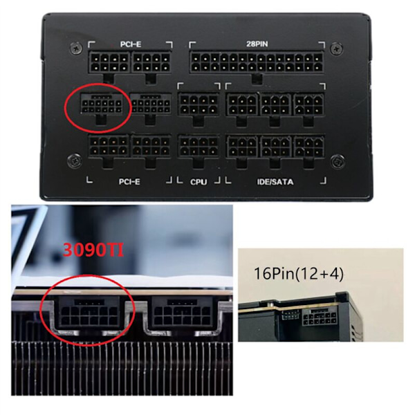12VHPWR PCIe 5.0 Stikkontakt 12VHPWR 16Pin 12+4Pin Han Hun GPU Strømkabel Stikkontakt med Terminaler Sort