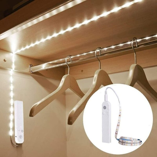 Under-skaplys, 3m/10ft LED Garderobe Lys, Bevegelsessensor, USB Oppladbar, Automatisk På/Av, Dimbar, 6000K Kald Hvit Kleskap Nattelys for C