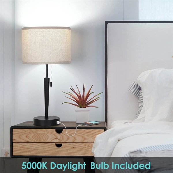 Sängbordslampa, nattdukslampor med dragkedja med USB A & C-laddningsportar, 5000K LED-lampa, linnelampskärm i rund tyg för vardagsrum, sovrum,