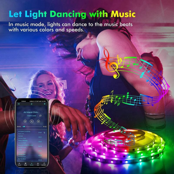 LED-lys med farveskiftende musiksynkronisering RGB-lys 5050 SMD APP-styring med fjernbetjening til 1M A-fest