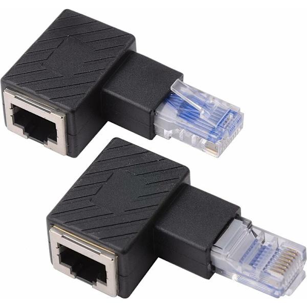 2 stk. 90 graders Ethernet-adapter, højre + venstre vinkel, RJ45-stik til sokkel, adapter, afskærmet, netværksforbindelse, kompatibel med Cat5 Cat6
