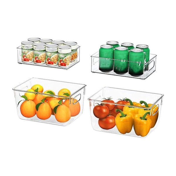 4Pcs Clear Pantry Organizer BinsRefrigerator Storage Bins with Handles for Fridge, Freezer, Cabinet, Kitchen, Bathrooms