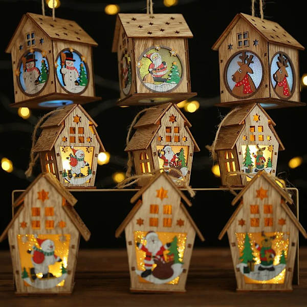 Festival LED Ljus Hus Trä Julgran Dekorationer för Hem Hängande Ornament Fairy Light Jul Bröllop Present Dekor Navidad-E
