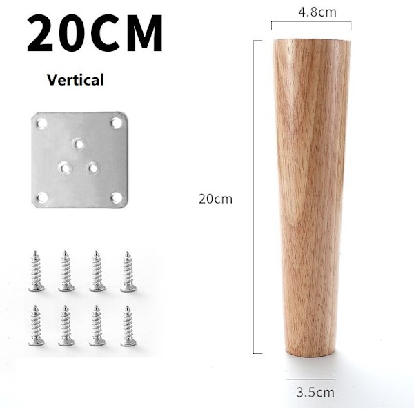 20cm Träbordben Set om 4 Koniska Sneda Massiva Trä Möbelben med Monteringsplattor och Skruvar för Soffa Säng Skåp Soffa Stol (Vertikal)