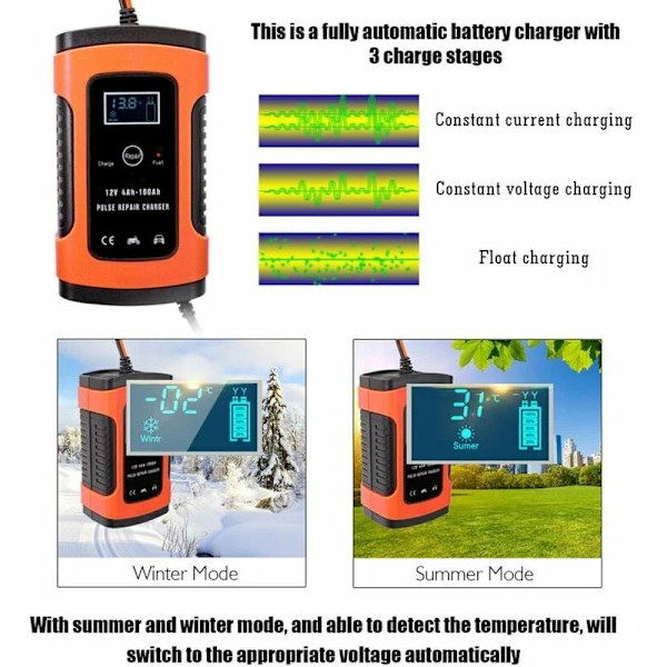 Täysin automaattinen 12V 5A älykäs nopea pulssikorjaava akkulaturi LCD-digitaalinäytöllä