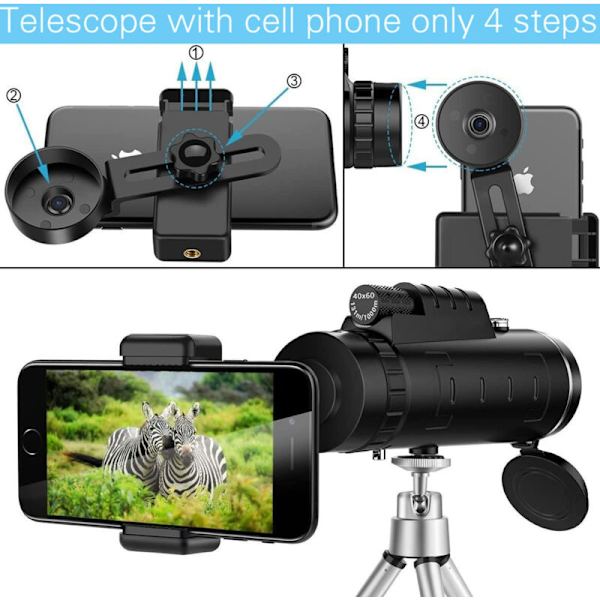 40x60 High Definition Monokular Teleskop, Højtydende Monokular Teleskop med Smartphoneholder og Stativ, 40x Dag- og Nattesyn Zoom Teleskop