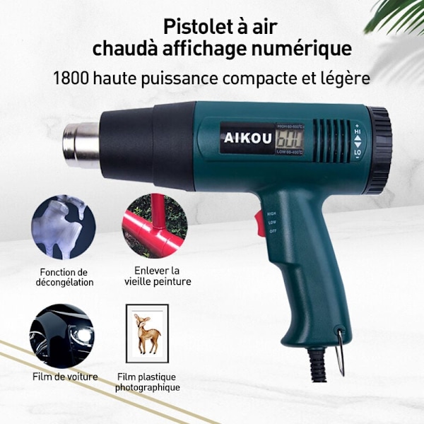 Varmepistol, varmluftpistol 1800W LCD digital display temperatur 60 til 600 grader Celsius hurtig opvarmning, luftstrøm 300 til 550L / min + 4 dyser