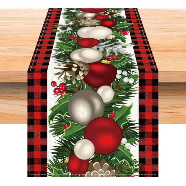 Punainen ruudullinen joulupöytärunner pitkä kausiluonteinen talvijoulu joululoma maalaistalon tyylinen pöytäkoristelu