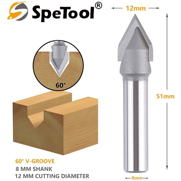 2 fräsar 60 grader V - Skärdiameter: 12 mm - Skaft: 8 mm - CNC-fräs - Skaftfräs för ådror, fasningar och V-spår.