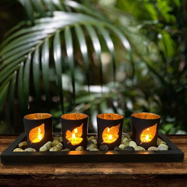 Puu musta lehti ontto kynttilänjalka luova sarja lasi kynttilä pöytä käsityöt koriste-esineet kodin sisustus