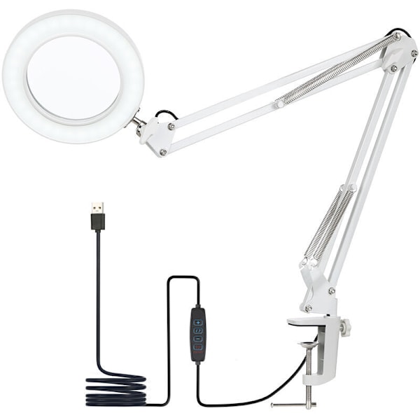 Clampbordlampa, skrivbordslampa, med 8x förstoringsglas, svängarm, dimbar LED, 3 färglägen, 10 ljusstyrkenivåer -
