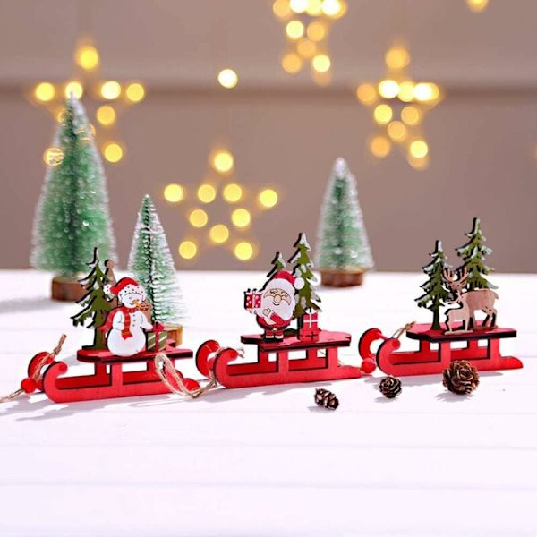 Julgransdekorationer i släde, Tomte Snögubbe Älg Bordsprydnad, Miniatyr Träleksak, Julleksaker för Barn, Sagoskog Ornament Kit (3 st)