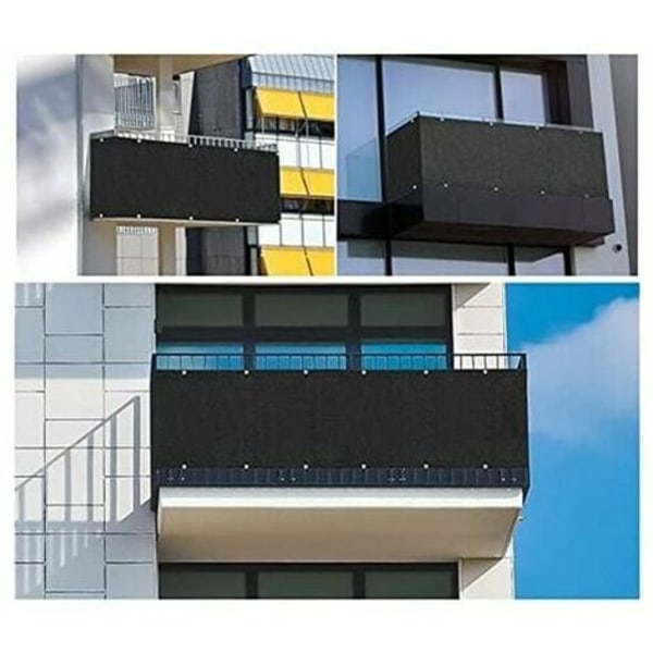 UV-bestandig balkon privatskærm, vandgennemtrængelig sommer og vinter, med 24 fastgørelsesanordninger og reb, 90 x 500 cm (sort)